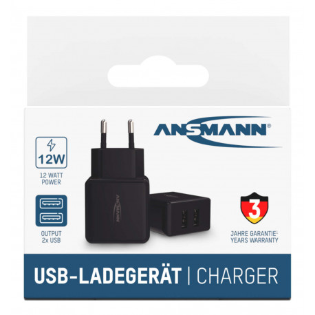 Chargeur batterie noir - 2 ports USB - EU - 240V - pour smartphone, tablettes etc..
