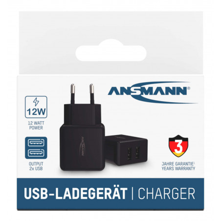 Chargeur de batterie noir - 2 ports USB - EU - 240V - pour smartphne, tablettes etc..